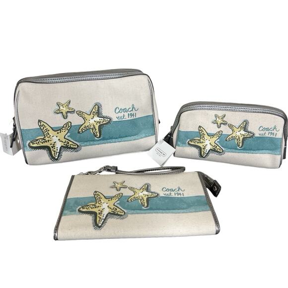 NWT Coach Starfish Beach Tote Canvas Set Zip Wallet Make Up Case Brand New Rare - Picture 8 of 16